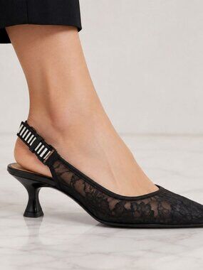Nicole Miller Black Lace Slingback Heels Women’s 6.5 Pointed Toe Kitten Heel
